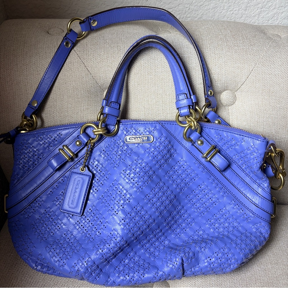 Coach Madison Crisscross Leather Sophia Satchel Shoulder Bag Blue
